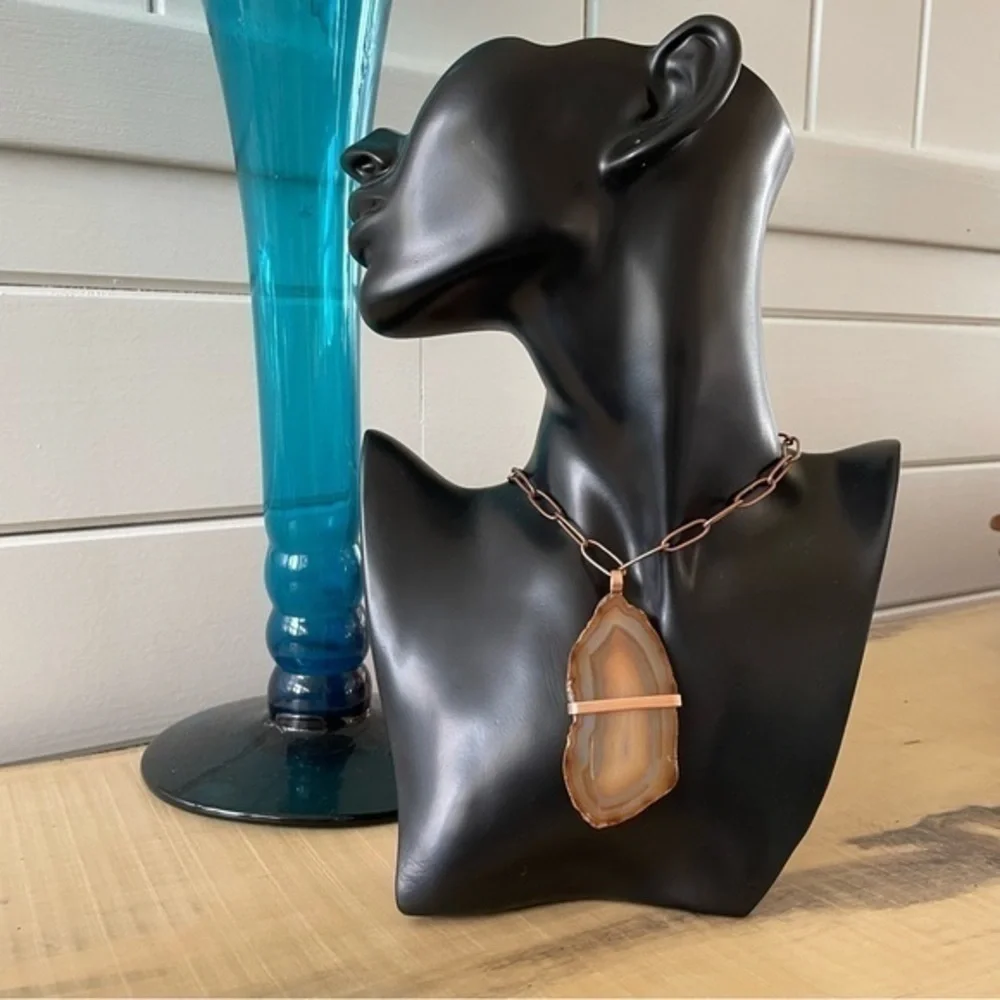 Handmade Necklace Copper Wrapped Agate Cream Yellow Pendant Paperclip Chain - Picture 4 of 7